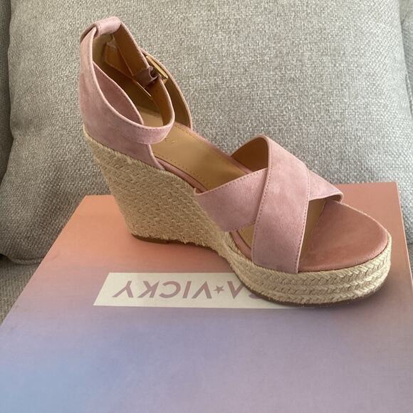 Lisa Vicky Gemi V Dusty Pink Kid Suede Wedge Espadrille Heel Sandal - Picture 11 of 13
